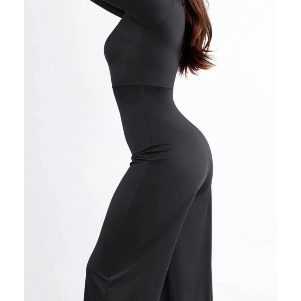 Popilush Black Neck Slimming Wide Leg Jumpsuit